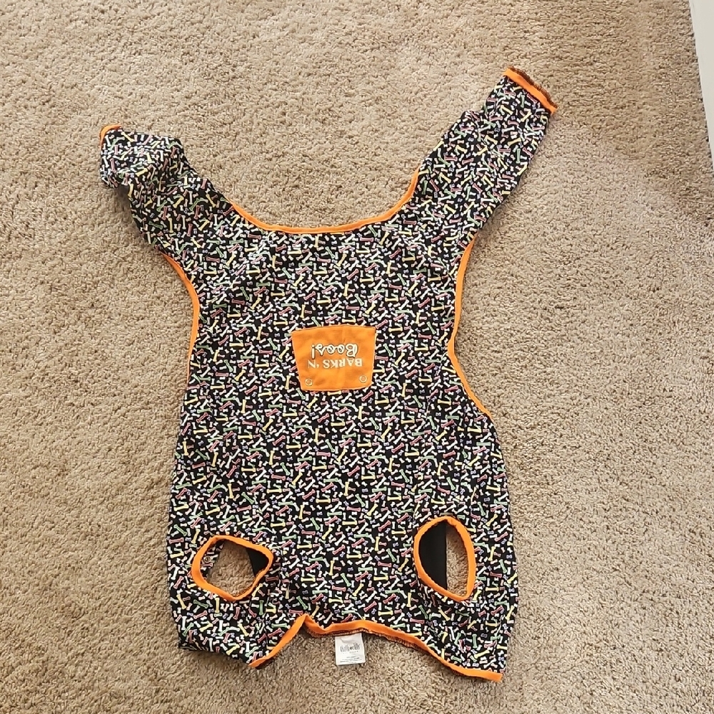 Colorful Dog Onesie with Orange Trim. Sz L